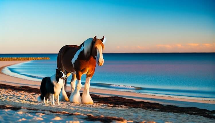 Hund und Pferd am Strand