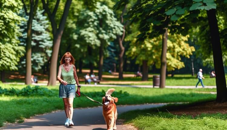 Frau mit Hund an Leine im Park