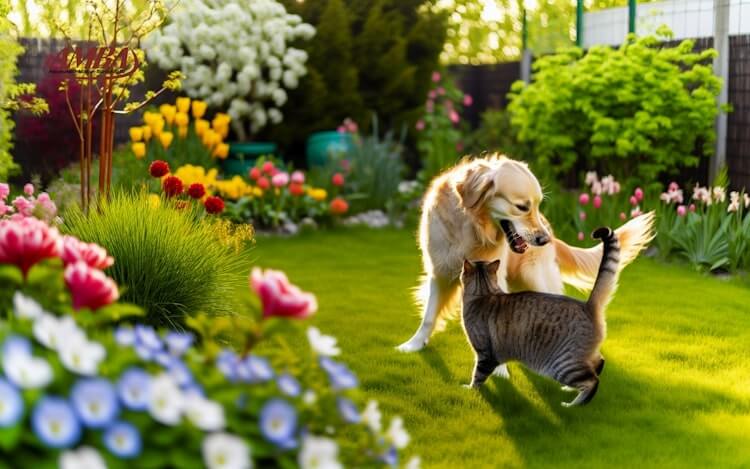 Ein glücklicher Hund und eine Katze spielen im Garten